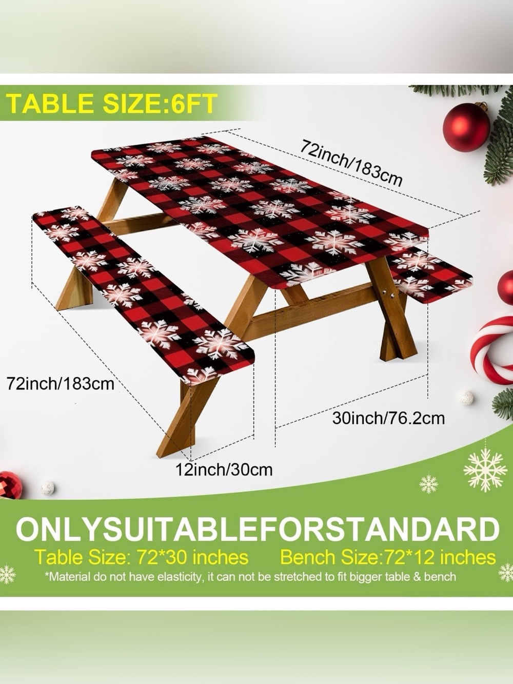 Buffalo Plaid Snowflake Picnic Table & Bench Covers - Red Black White